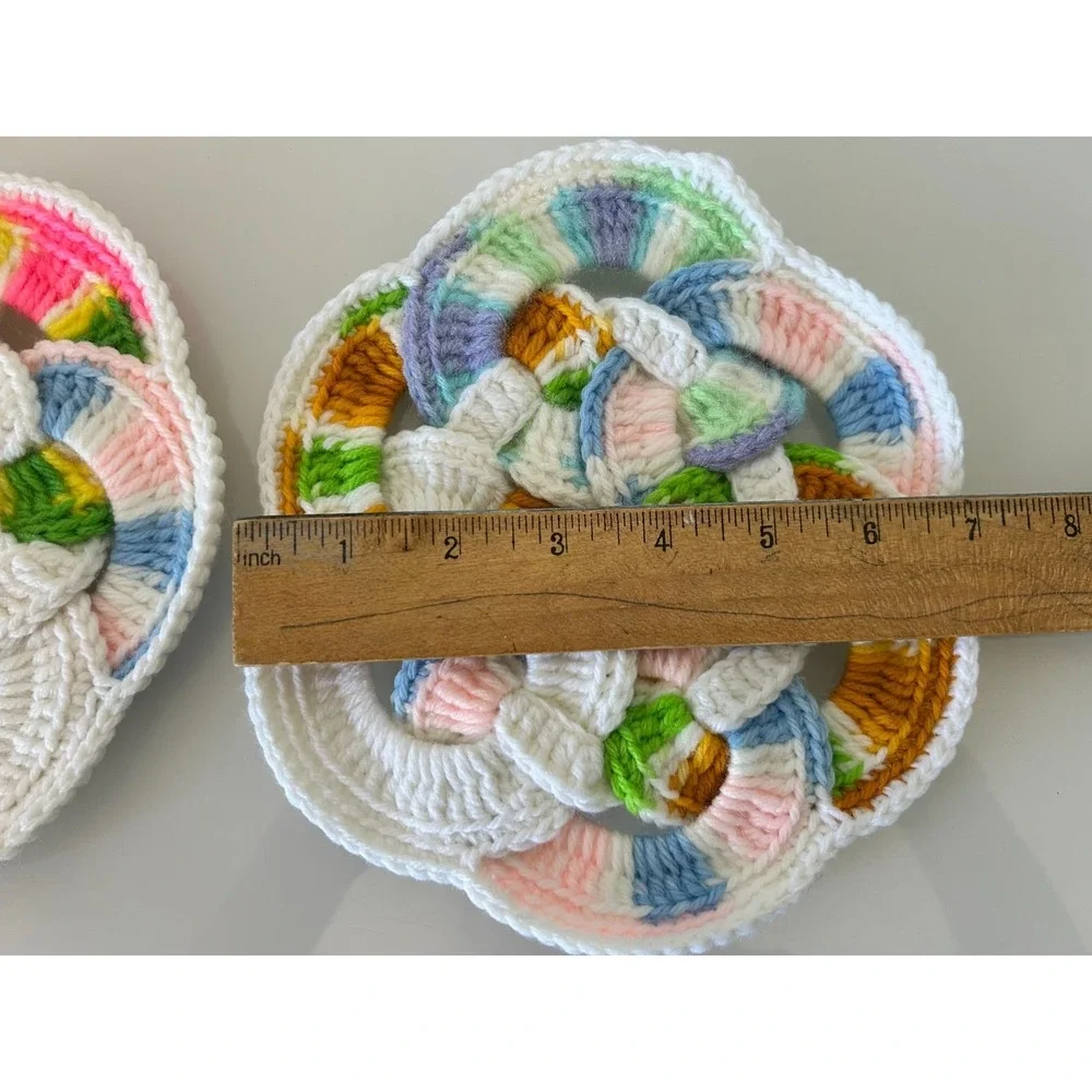 2 Vintage 1970s MCM Hand Crocheted Multi Color Hot Pad Pot Holder Trivet NOS
